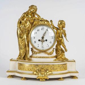 Pendule En Marbre Blanc Et Bronze Doré Style Louis XVI Époque Napoléon III 