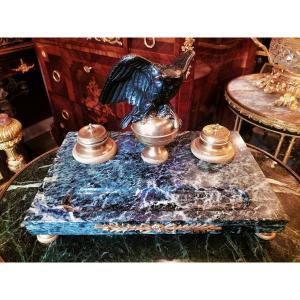 Important Inkwell In Green Marble And Gilt Bronze Empire Style 