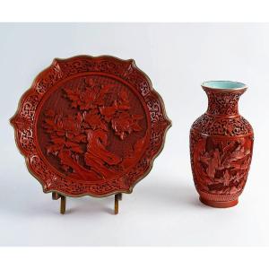 Plat Et Vase En Laque Rouge De Cinabre Chine