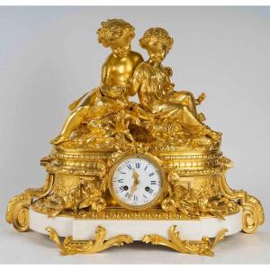 Important Clock In Gilt Bronze And White Marble, Napoleon III Period 