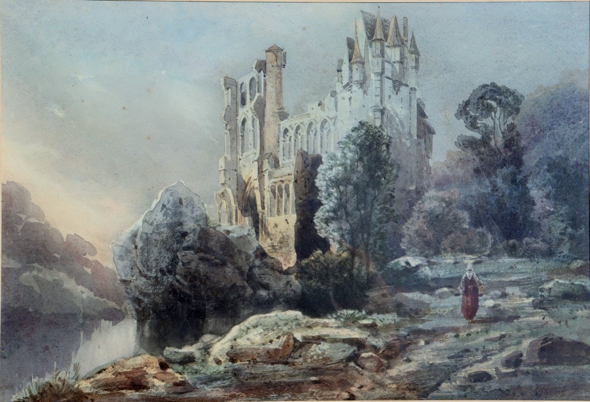 C. LAHAUTE (?) : "GRANDE AQUARELLE ROMANTIQUE AUX RUINES"-photo-2