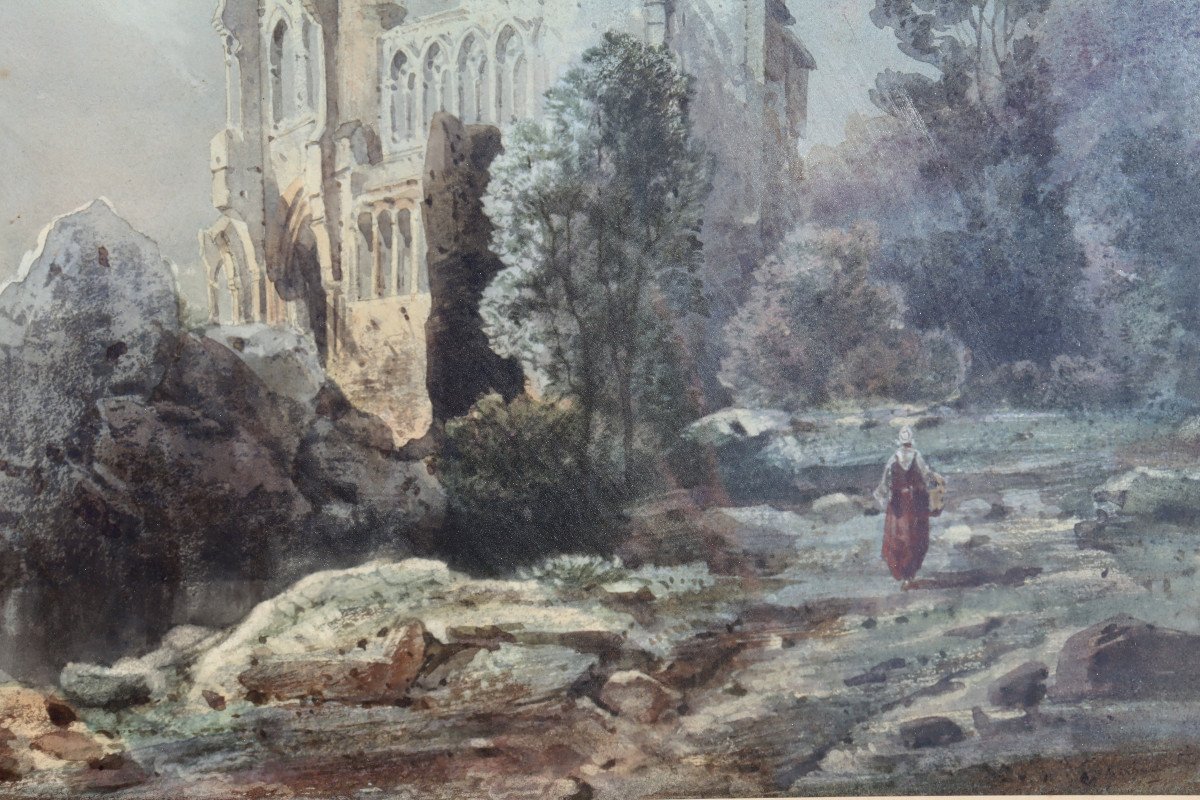 C. LAHAUTE (?) : "GRANDE AQUARELLE ROMANTIQUE AUX RUINES"-photo-4