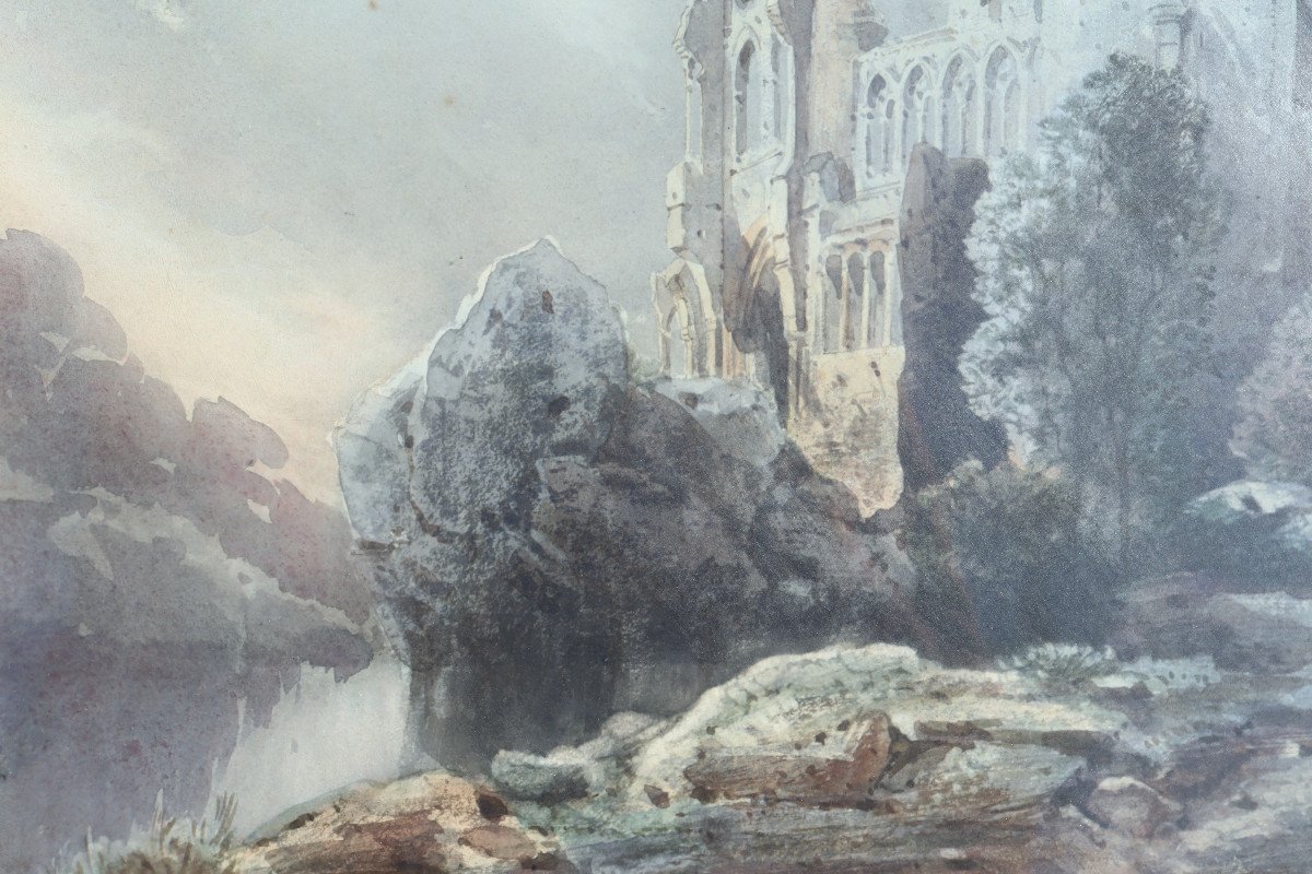 C. Lahaute (?) : "large Romantic Watercolor In The Ruins"-photo-1