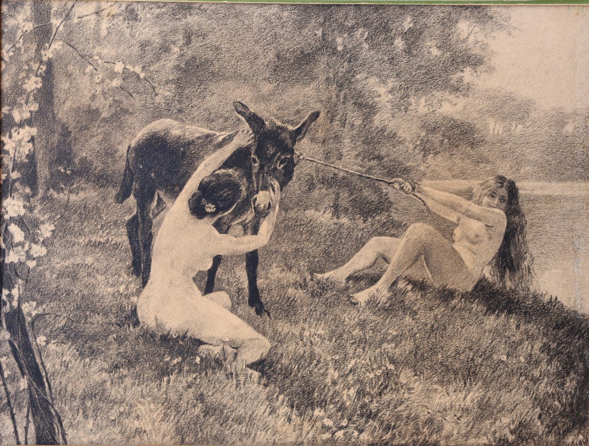 ECOLE FRANCAISE FIN XIXe : "JEUNES FEMMES TAQUINANT UN  ÂNE"-photo-2