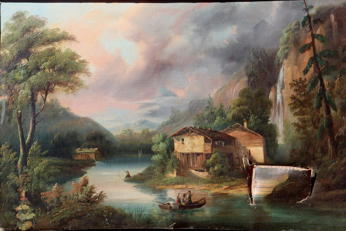 Swiss School Circa 1860 : “landscape At The Waterfall”-photo-2