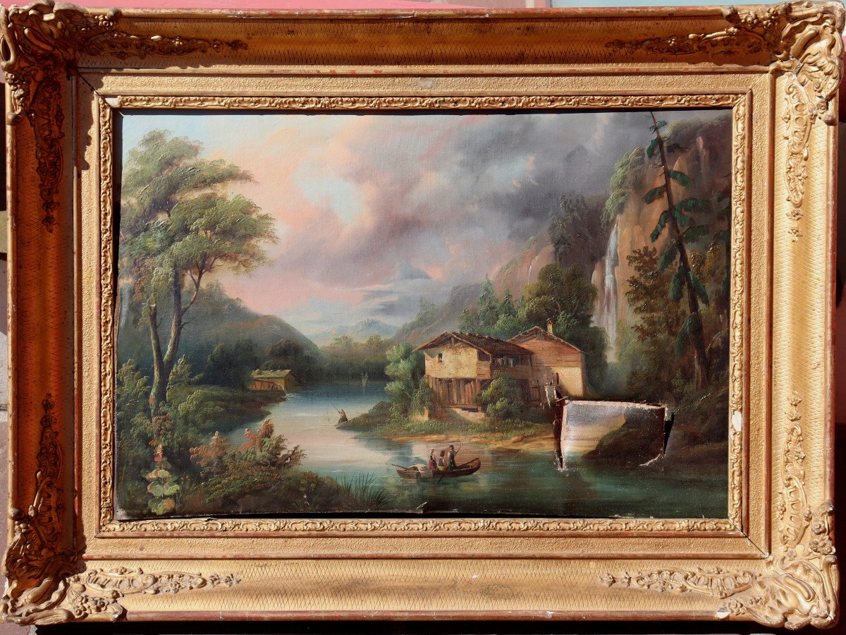 Swiss School Circa 1860 : “landscape At The Waterfall”