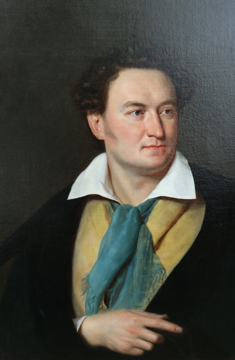 ECOLE FRANCAISE CIRCA 1820/30 : "EXCEPTIONNEL PORTRAIT D'HOMME AU MANTEAU"-photo-3