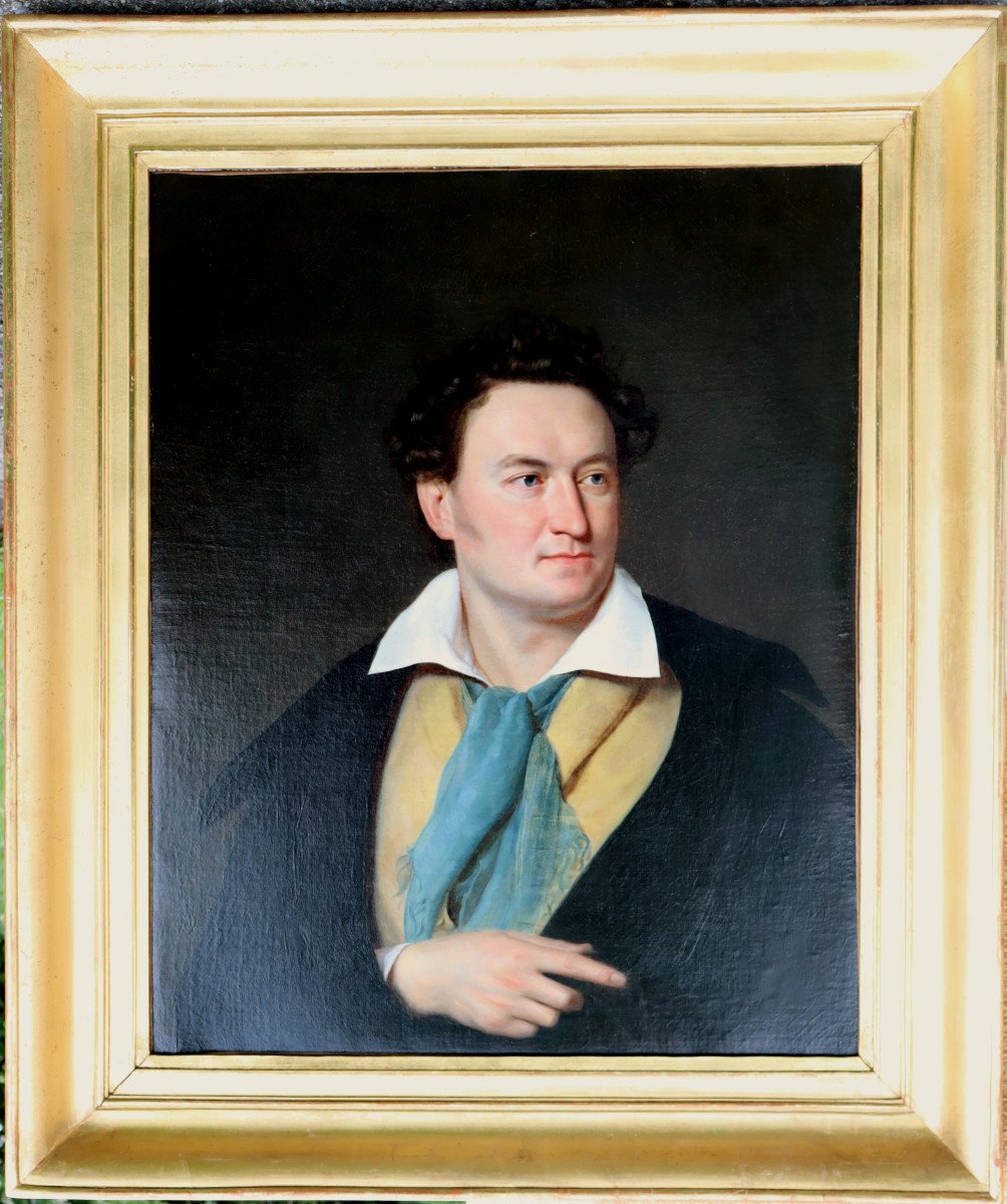 ECOLE FRANCAISE CIRCA 1820/30 : "EXCEPTIONNEL PORTRAIT D'HOMME AU MANTEAU"-photo-3