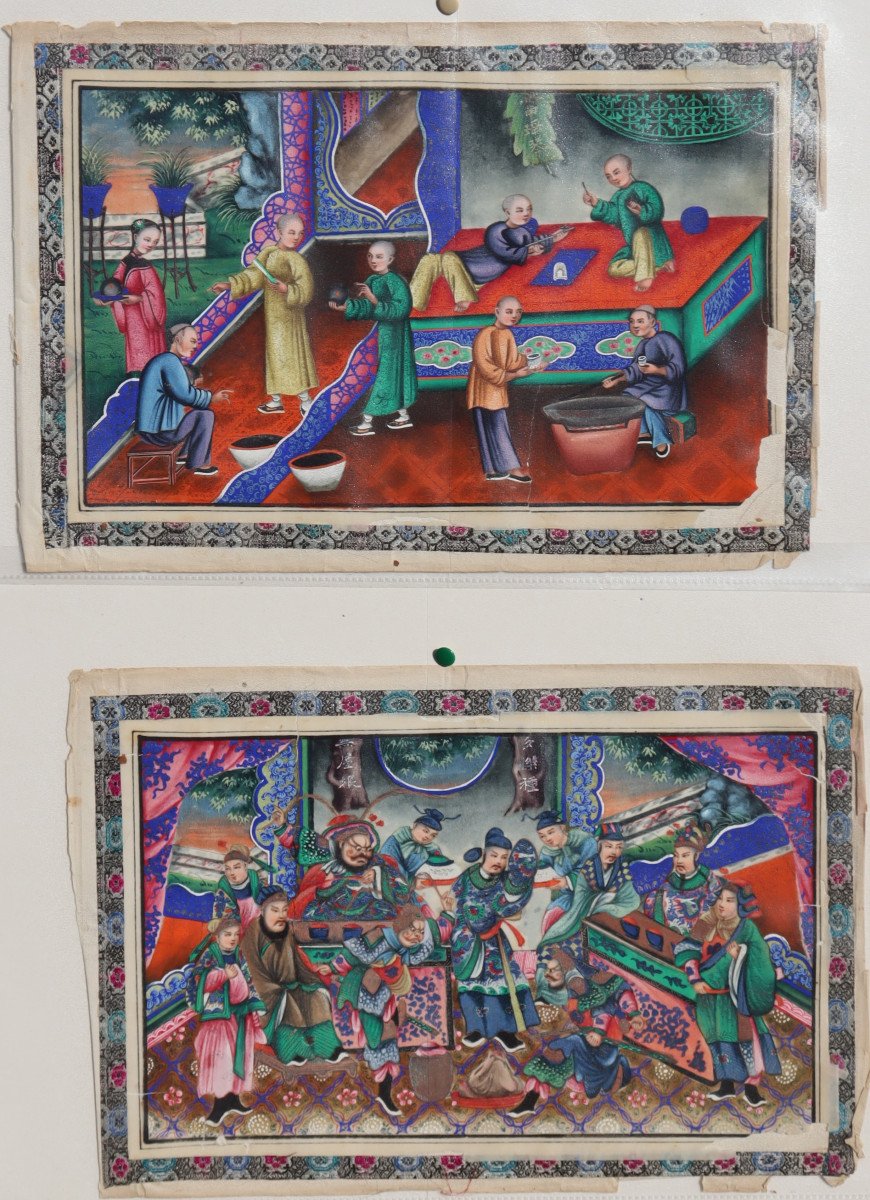 Canton School : "pair Of Large Paintings On Rice Paper"-photo-4