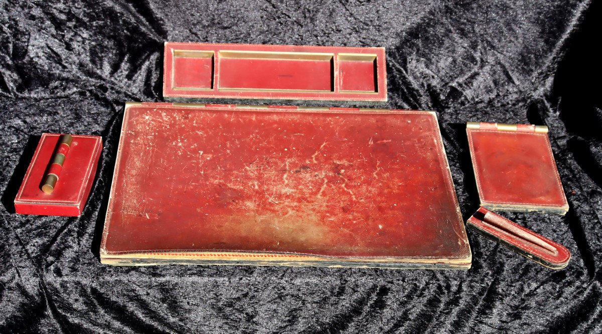 "important Red Leather And Brass Desk Set"