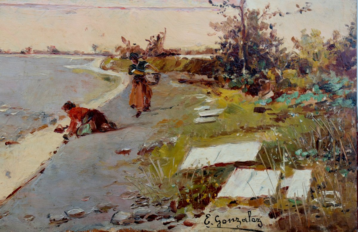 E. Gonzalez (spain Late 19th Century) : "the Washerwomen"-photo-3