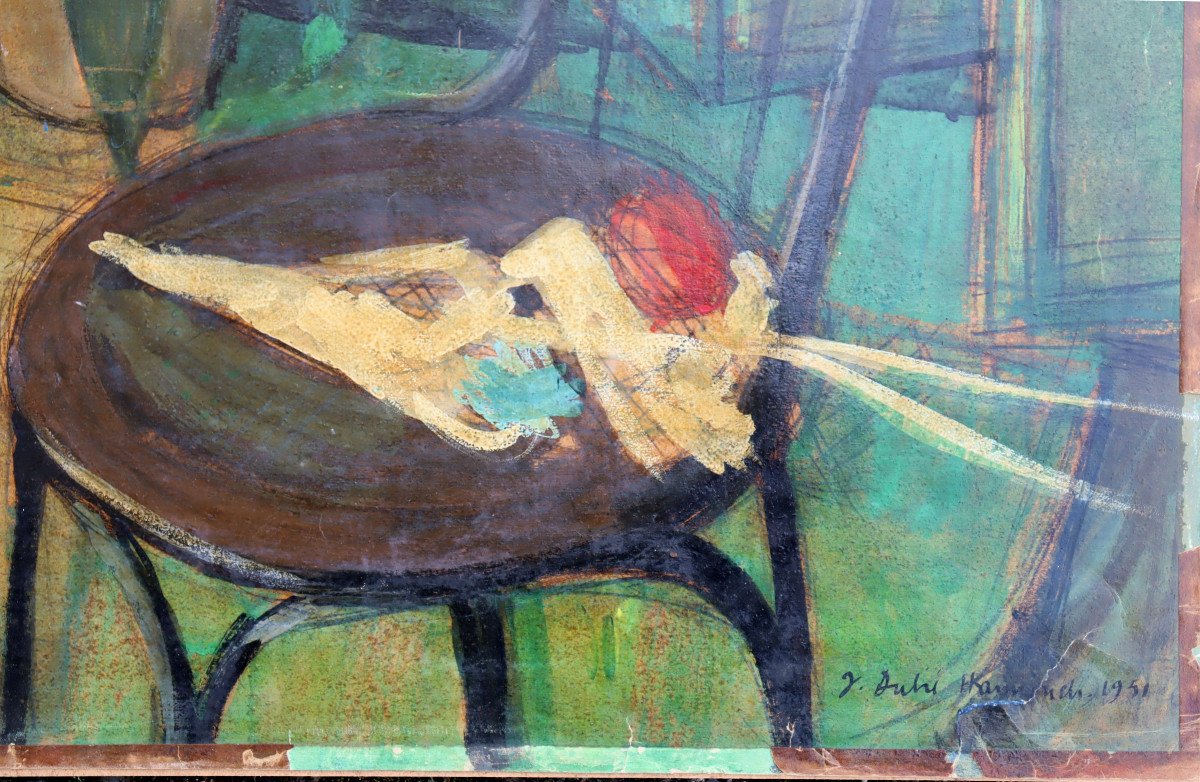 V. DUHU HANNOUCH : "NATURE MORTE A LA CHAISE 1951"-photo-3