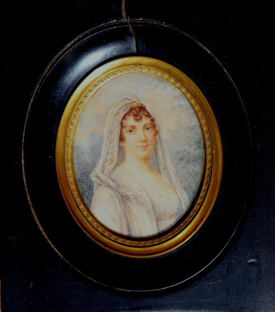 ECOLE FRANCAISE CIRCA 1810 :  MINIATURE "JEUNE FEMME DANS UN PAYSAGE"-photo-2