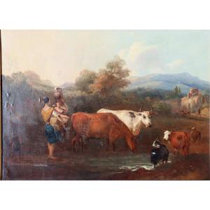 French Neoclassic School Early 19th C .: “peasants And Animals At The Gue”