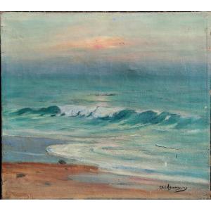 CHARLES-JEAN AGUERREGARAY : "VAGUE BASQUE AU COUCHER DE SOLEIL"