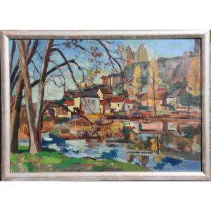 JEAN HOURREGUE : "VILLAGE EN BORD DE RIVIERE"