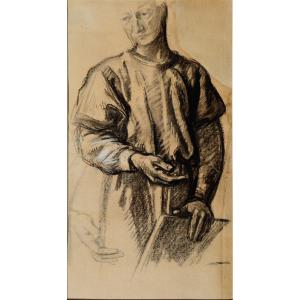 V  Rene-marie Castaing : "study Of A Man Holding A Panel"