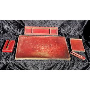 "important Red Leather And Brass Desk Set"