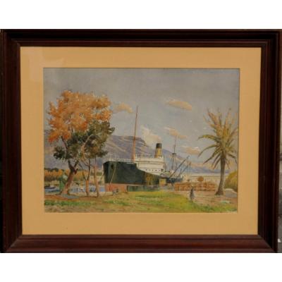 Watercolor 1920 Cargo In An Exotic Landscape