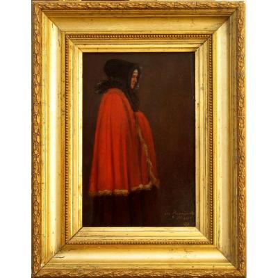 Russian Oil On  Paper: The Red Coat