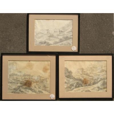 3 DESSINS XVIIIèmes : "PAYSAGES D'ITALIE"