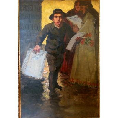 TABLEAU HONGROIS CIRCA  1905 : "LE CRIEUR DE JOURNAUX"