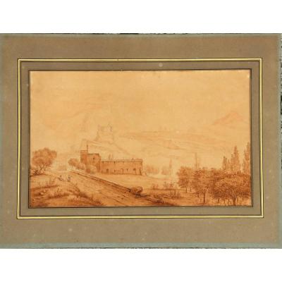 French School Circa 1820/40 : Large Drawing "landscape Of Italy Anime"