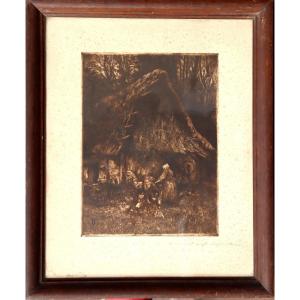 Jean-louis Bremond : Etching "la Provende Des Hens"