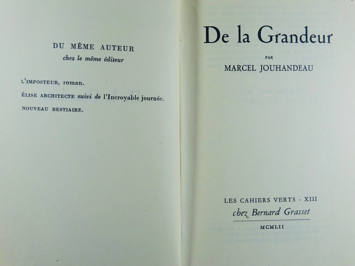 JOUHANDEAU (Marcel) - De la grandeur. Paris, Grasset, 1952, édition originale.-photo-3