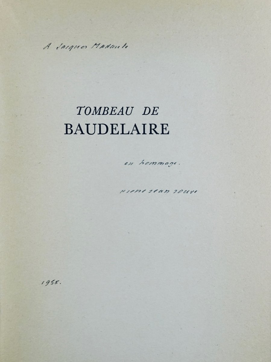 JOUVE - Tombeau de Baudelaire.  Seuil, 1958, exemplaire du service de presse avec un envoi.-photo-2