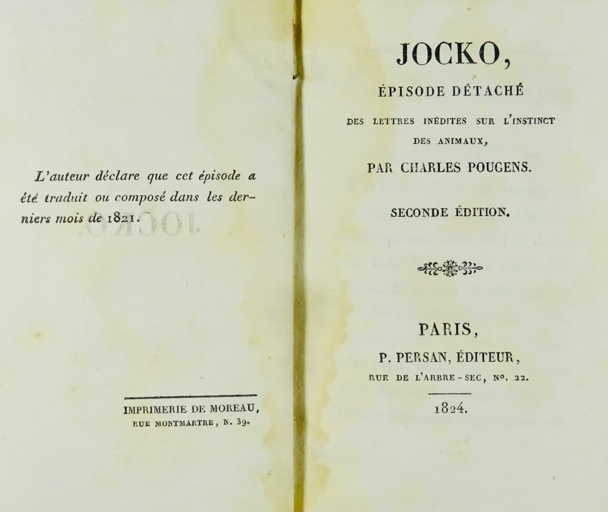 POUGENS - Jocko, épisode détaché des lettres inédites sur l'instinct des animaux. 1824.-photo-1