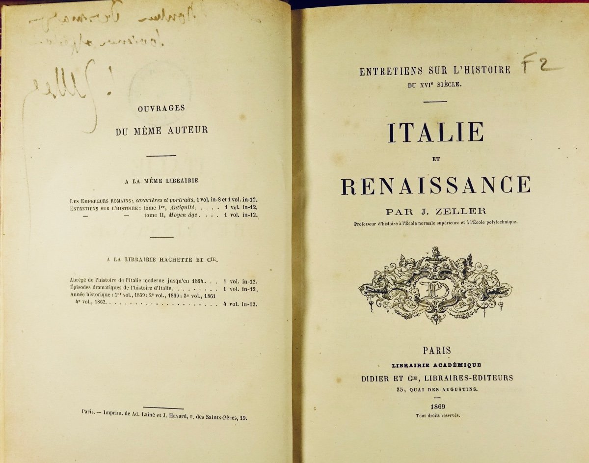 ZELLER - Italie et Renaissance. Librairie Académique Didier et Cie, 1869, belle reliure.-photo-1