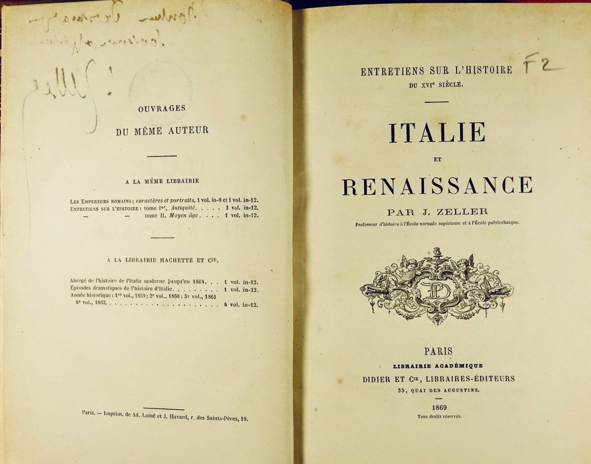 Zeller - Italy And The Renaissance. Didier Et Cie Academic Library, 1869, Beautiful Binding.-photo-1