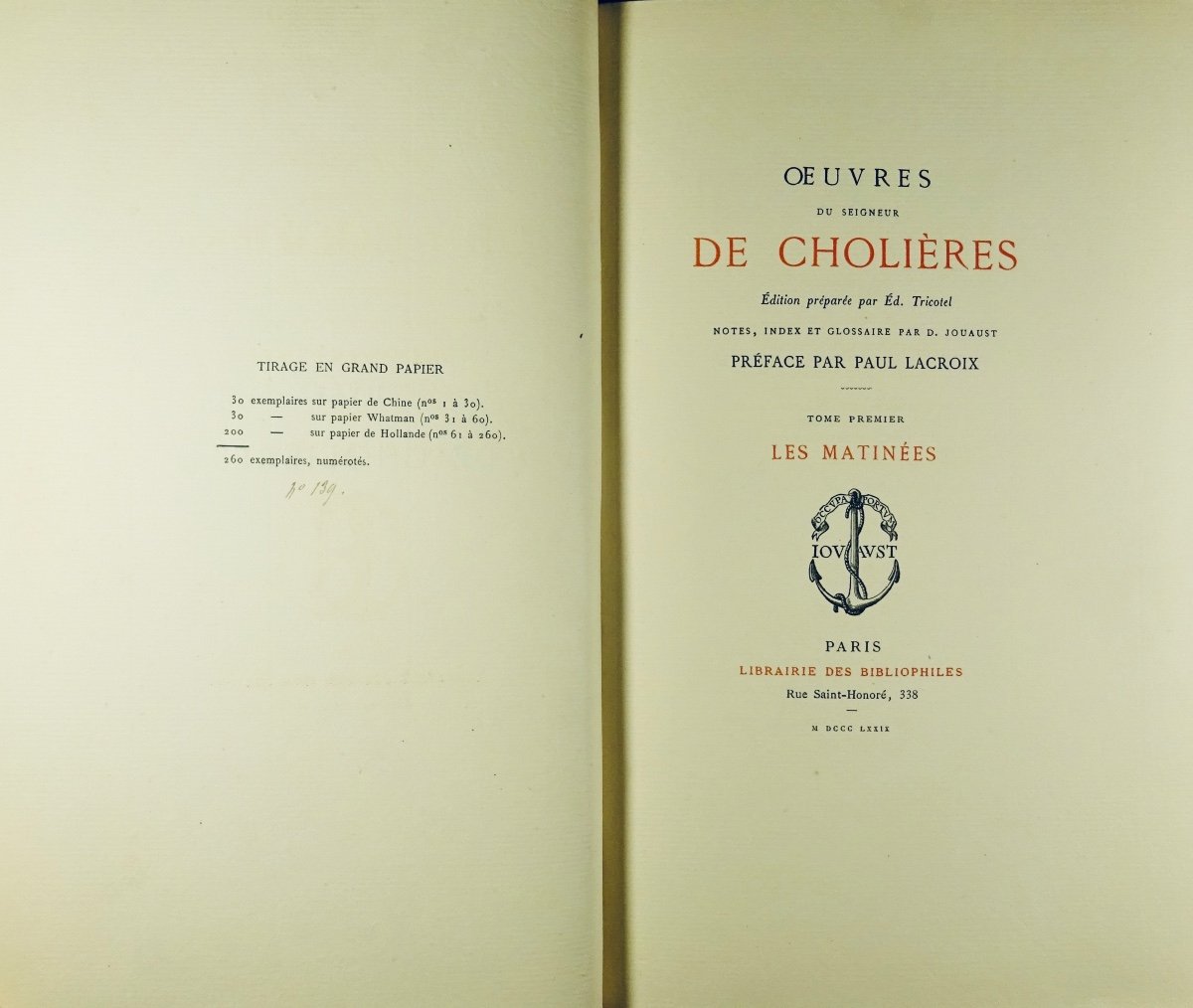 CHOLIÈRES - Oeuvres du seigneur de Cholières. Librairie des Bibliophiles, 1879, bien relié.-photo-3