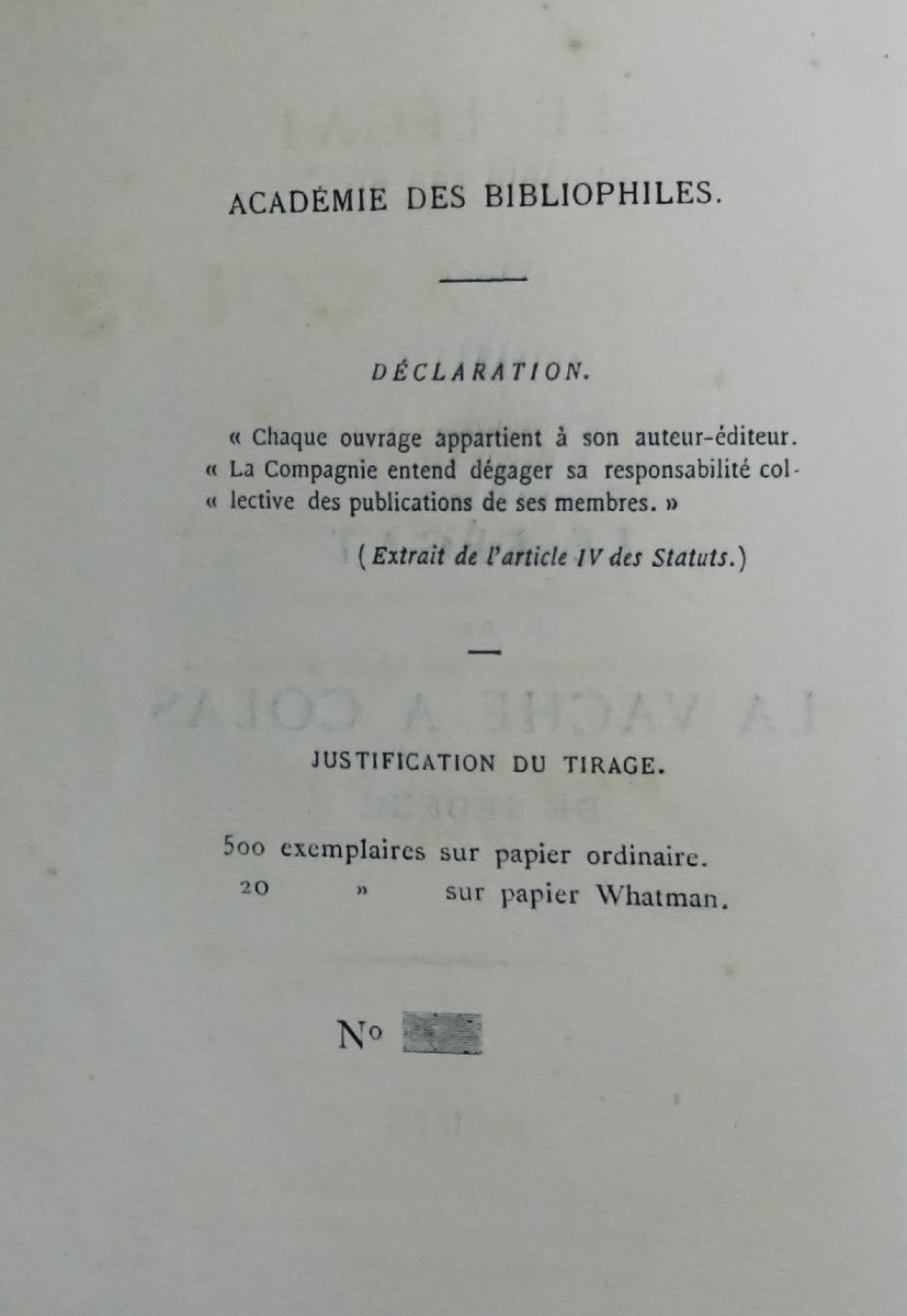 Sedege - The Legacy Of The Cow To Colas. Académie Des Bibliophiles, 1868, Copy On Laid Paper.-photo-3