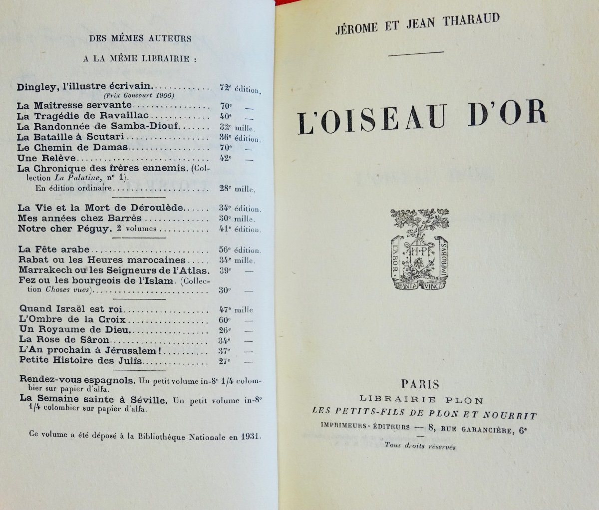 Tharaud (jérome Et Jean) - The Golden Bird. Librairie Plon, 1931, Sent By The Author.-photo-4