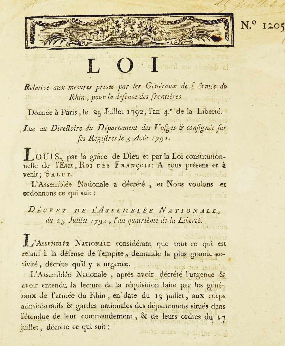 Loi relative décret relatif aux armes. Épinal, Imprimerie Nationale d'Haener, 1792.