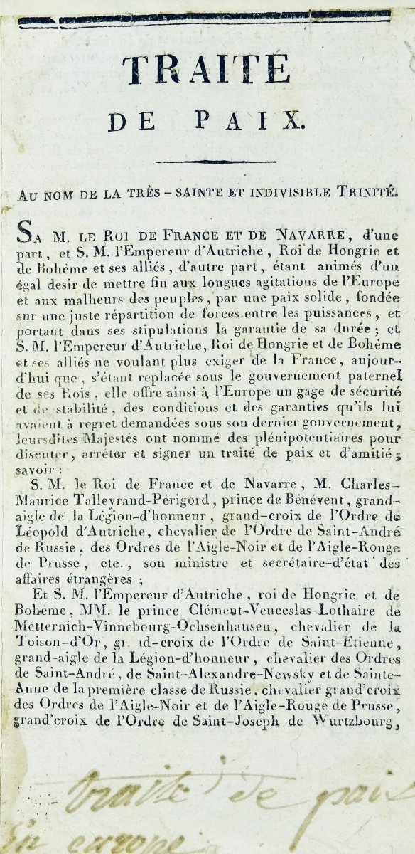 Traité de paix. Au nom de la très-sainte et indivisible trinité. Nancy, Chez Guivard, 1814.