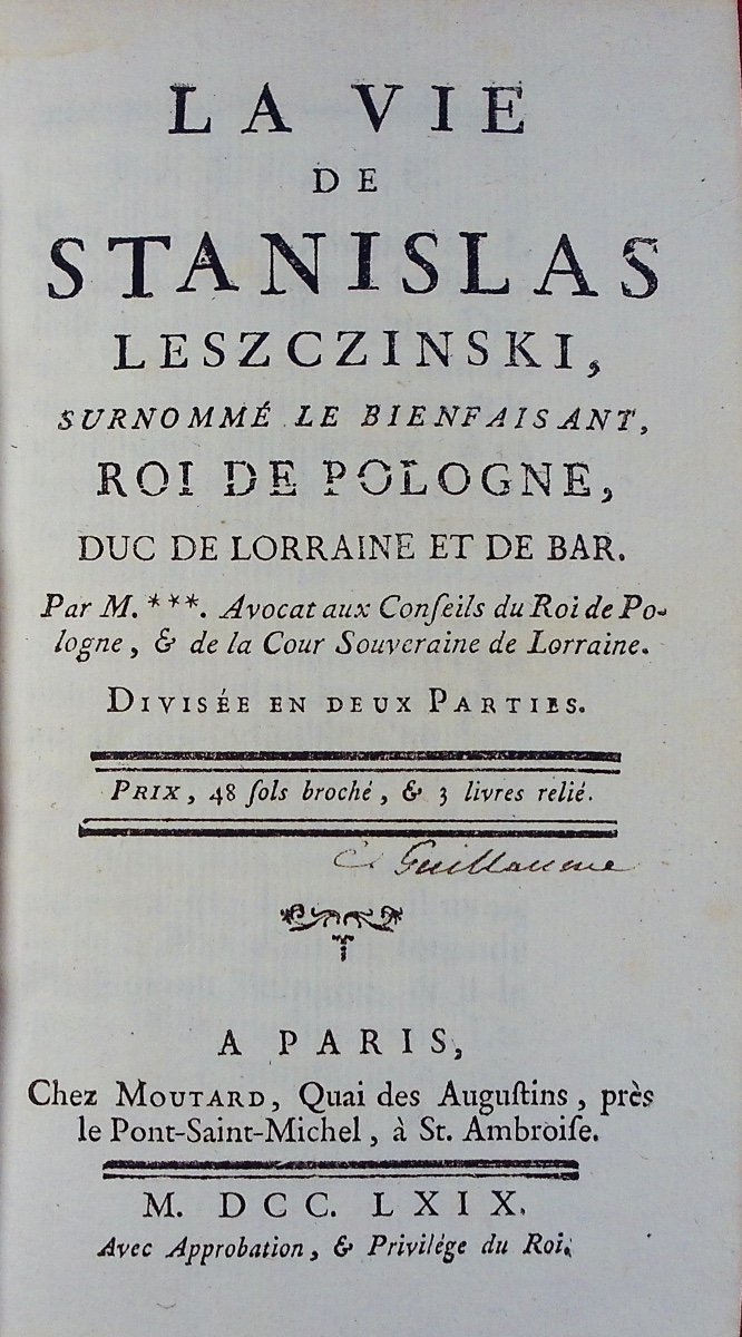 Aubert - The Life Of Stanislas Leszczinski, Duke Of Lorraine. 1769, Old Binding, Eo.