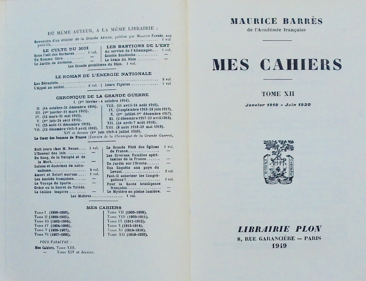 BARRÈS (Maurice) - Mes cahiers de 1896 à 1923. Plon, 1929-1957. Exemplaire de tête.-photo-4