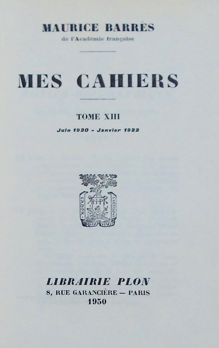 BARRÈS (Maurice) - Mes cahiers de 1896 à 1923. Plon, 1929-1957. Exemplaire de tête.-photo-5
