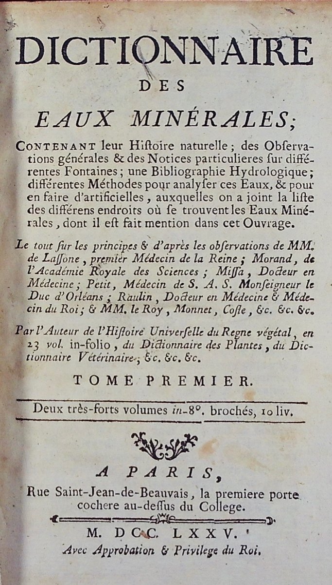 [BUC'HOZ (Pierre-Joseph)] - Dictionnaire des eaux minérales. 2 volumes, 1775, reliés d'époque.-photo-2