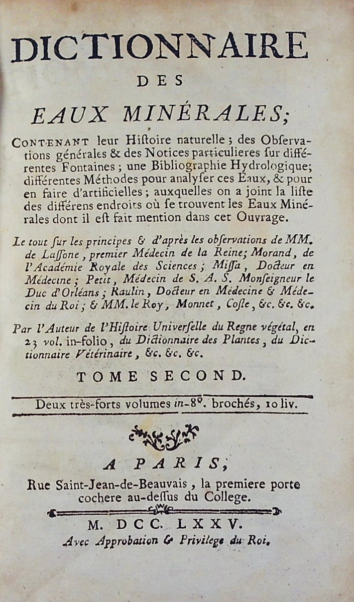 [BUC'HOZ (Pierre-Joseph)] - Dictionnaire des eaux minérales. 2 volumes, 1775, reliés d'époque.-photo-3