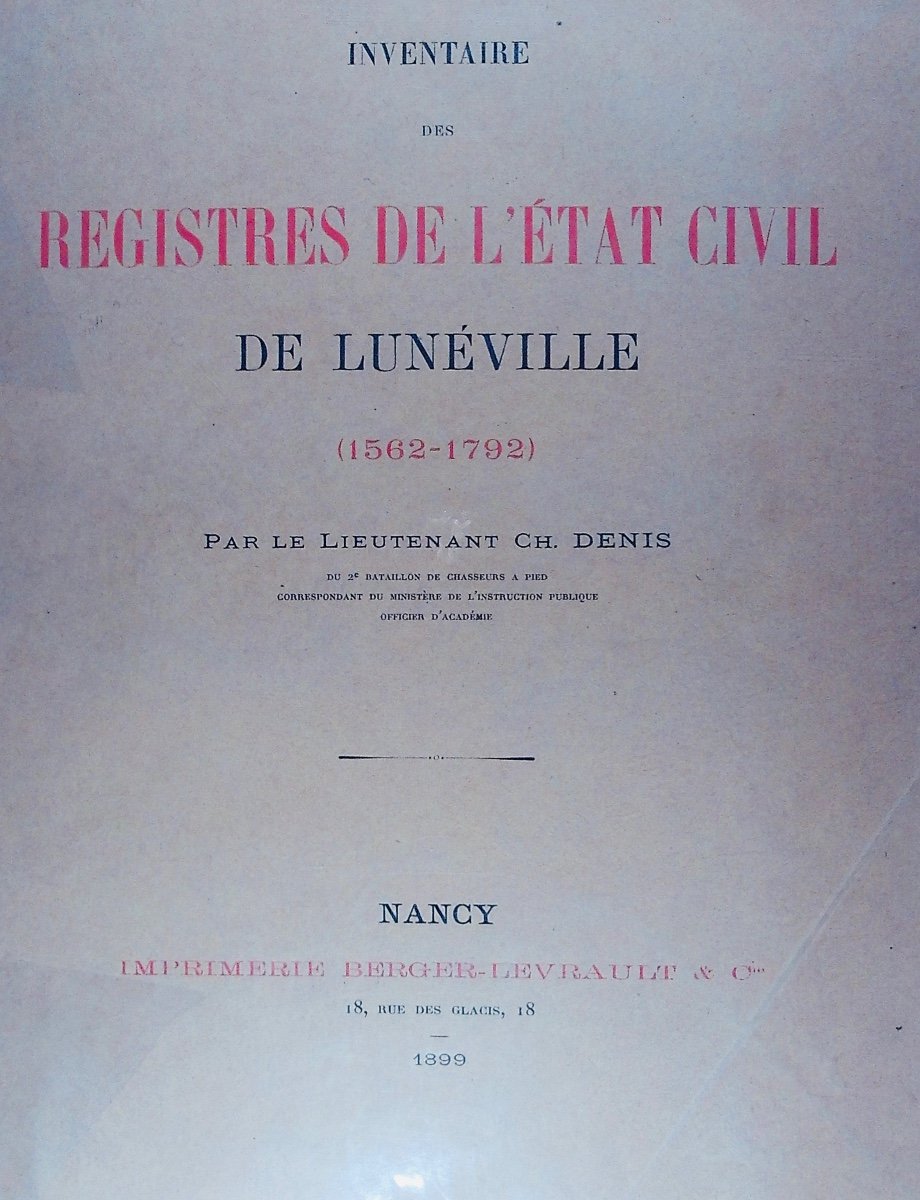DENIS  - Inventaire des registres de l'état civil de Lunéville (1562-1792). Nancy, 1899, broché-photo-2