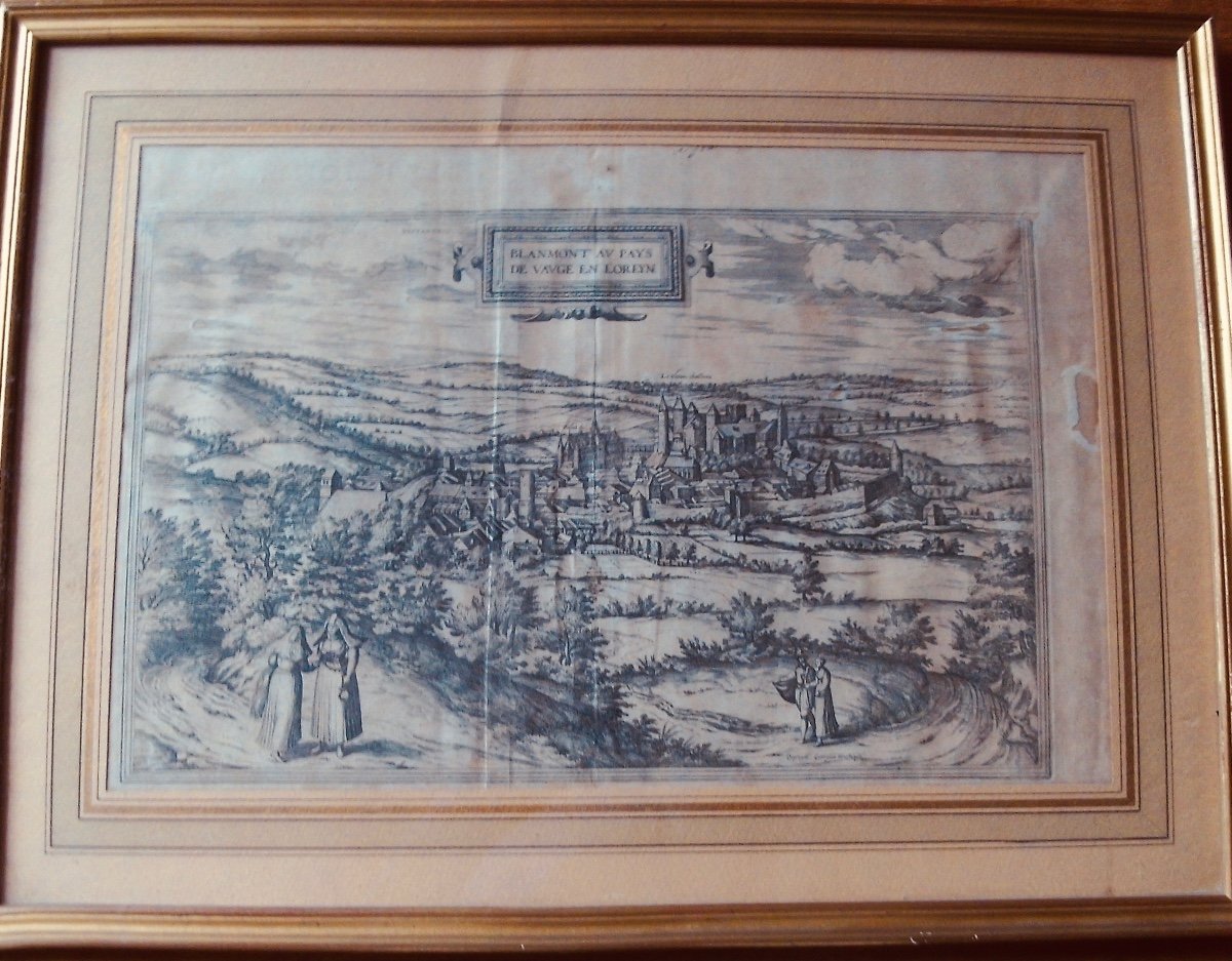 HOEFNAGLE & DEPINGEB - Blanmont au pays de Vauge en Loreyne.  Vers 1650, gravure encadrée.