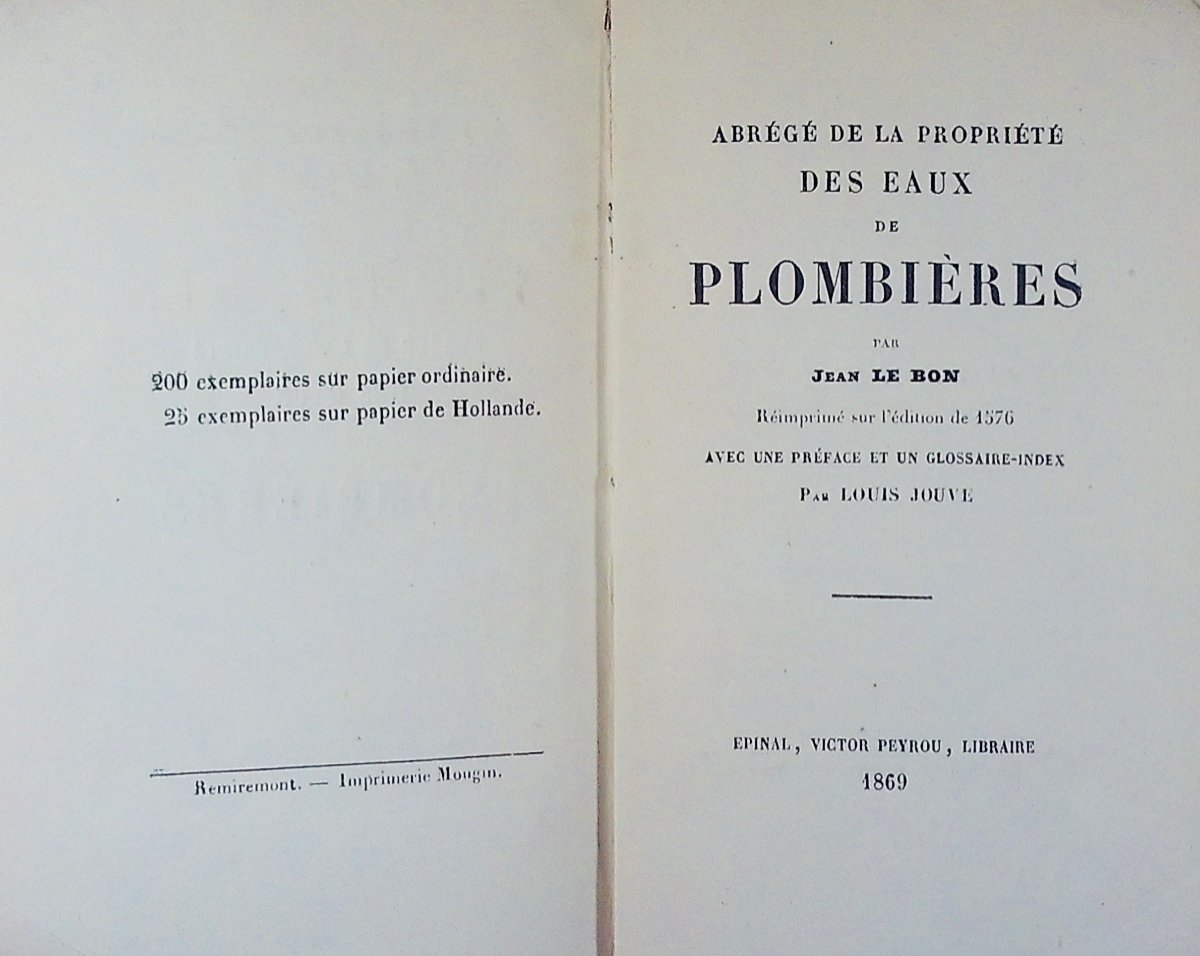 Le Bon (jean) - Summary Of The Ownership Of Plombières Waters. Victor Peyrou, 1869, Paperback.-photo-2