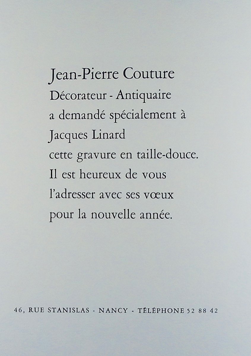 LINARD - Carte de vœux. Nancy, Jean-Pierre Couture, vers 1960, 5 gravures et une plaque.-photo-4