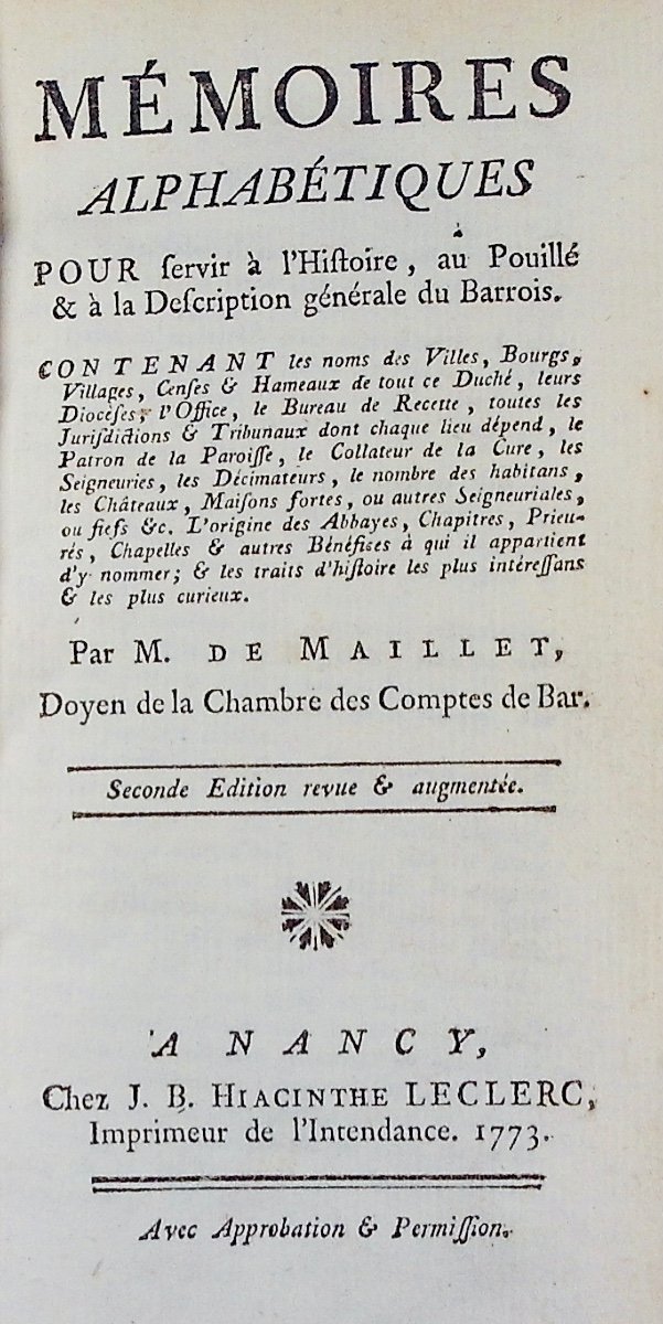 MAILLET - Mémoires alphabétiques pour servir à l'histoire, au pouillié du Barrois. 1773.