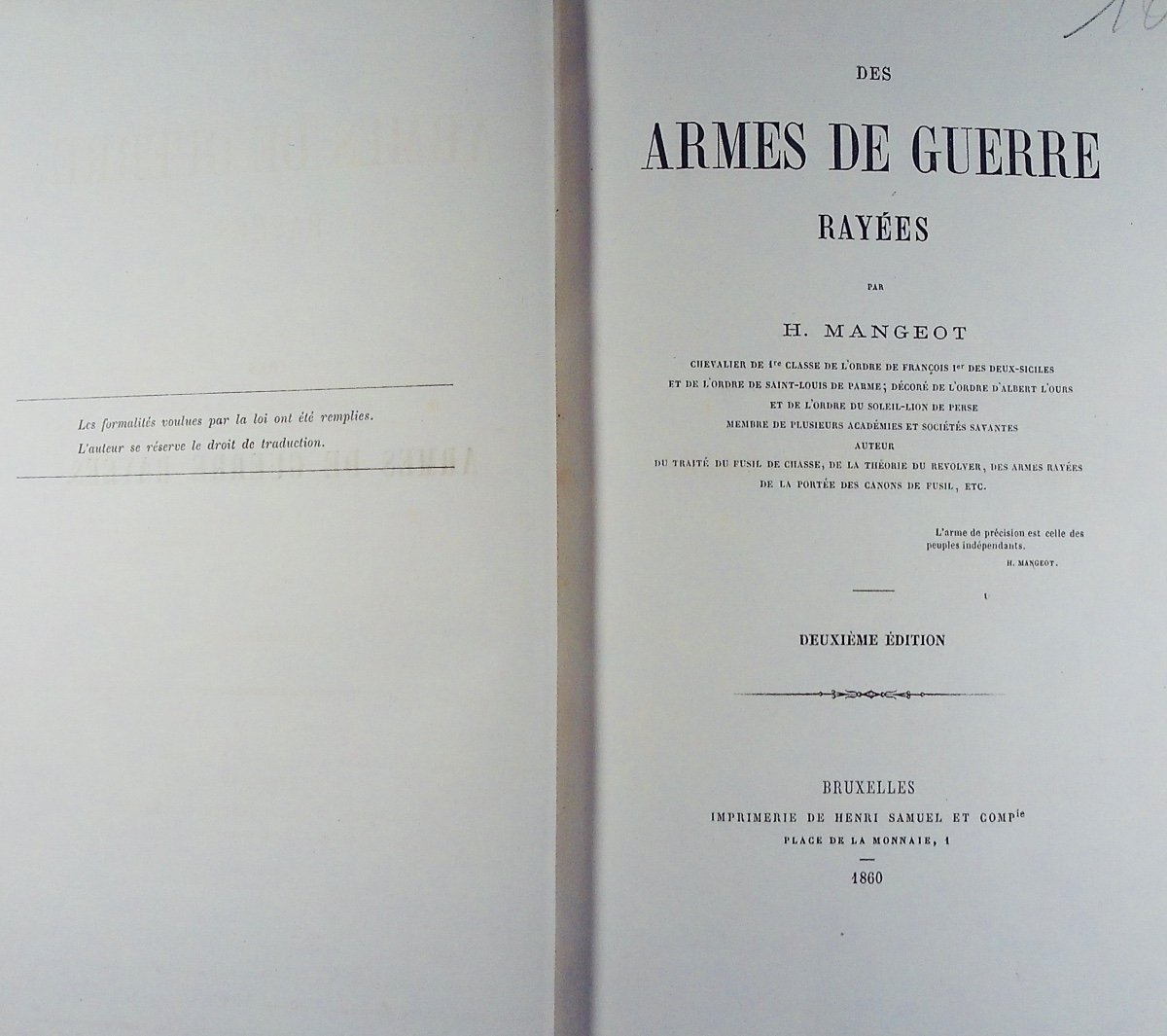 MANGEOT (H.) - Des armes de guerre rayées. Imprimerie de Henri Samuel, 1860, 15 planches.