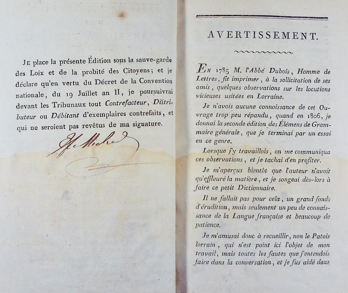 MICHEL - Dictionnaire des expressions vicieuses usitées dans la Lorraine. Vigneulle, 1807.-photo-2